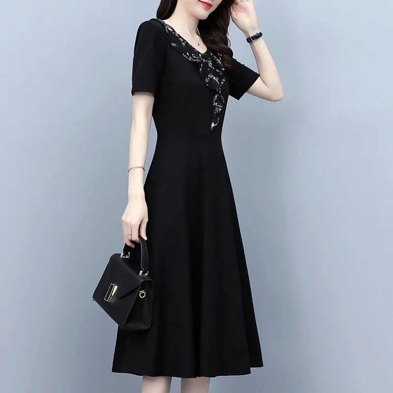 

M-5XL Large Size Women's Short Sleeve V-neck Spliced Fat MM MIDI Skirt Fashion Spring And Summer New Elegant Short Sleeve Dress