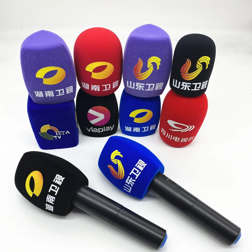 Flocking Microphone Sponge Printing Covers Customized Mic Windscreens Logo Foam Windshield For TV Stations Reporters Interview