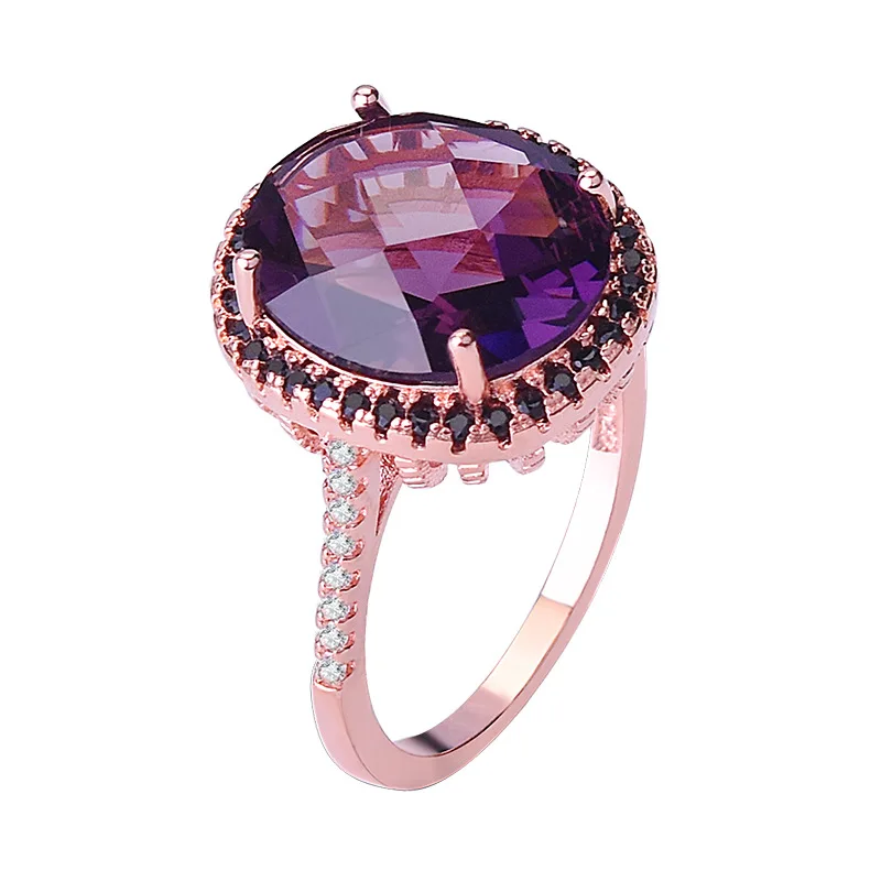 

Hot Sell Creativity Rose Gold Plating Rings Inlay Black Small Zircon Amethyst Engagement Rings For Women Charm Gemstone Jewelry