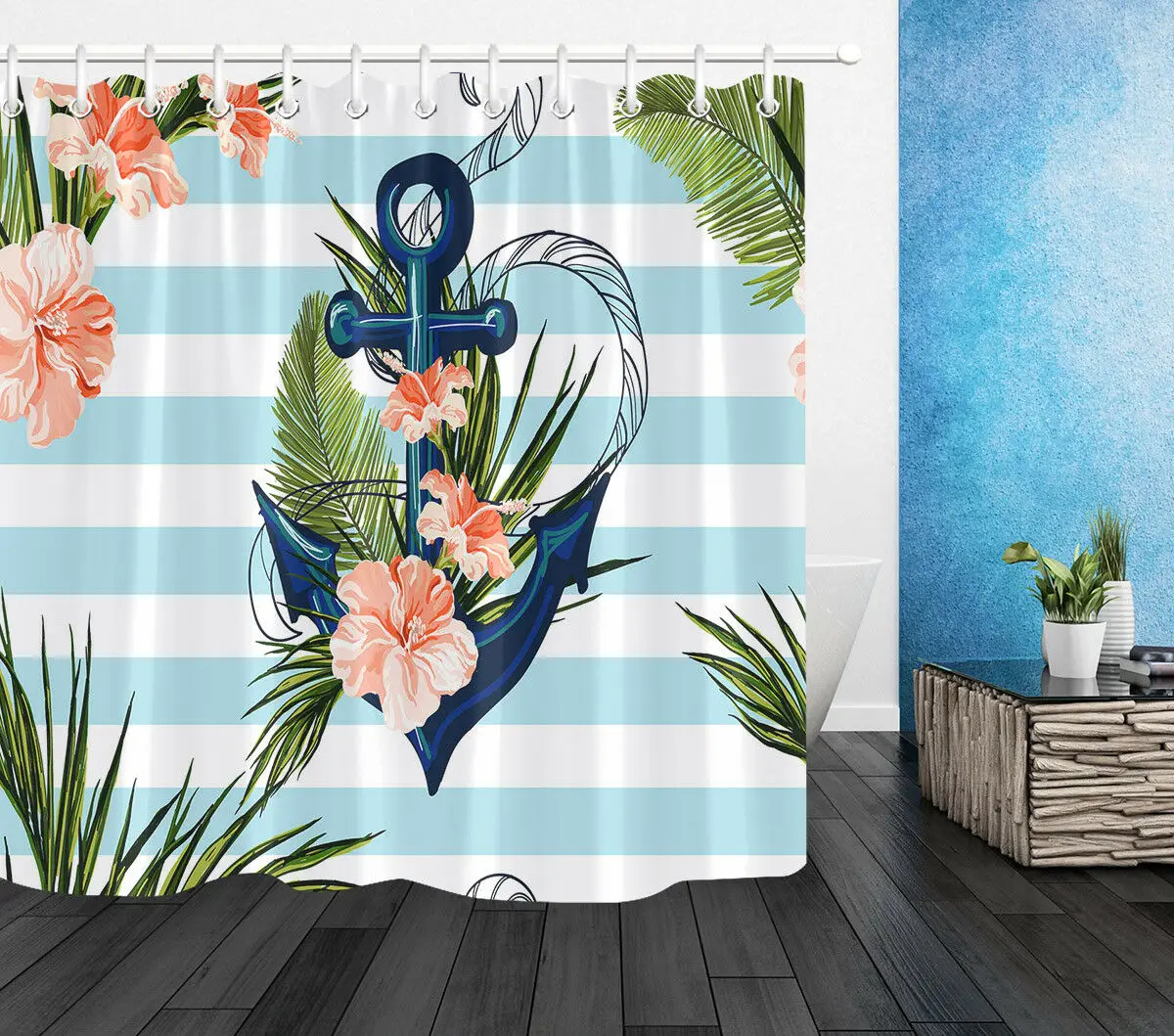 

Metal Anchor Tropical Flowers Shower Curtain Bathroom Polyester Fabric & Hooks