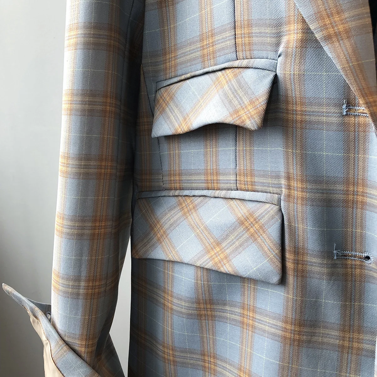 

2021 Spring Korean Stylewomen Blazer Blue Plaid Pocket Elegant Women 2021 New Loose Casual Suit Coat