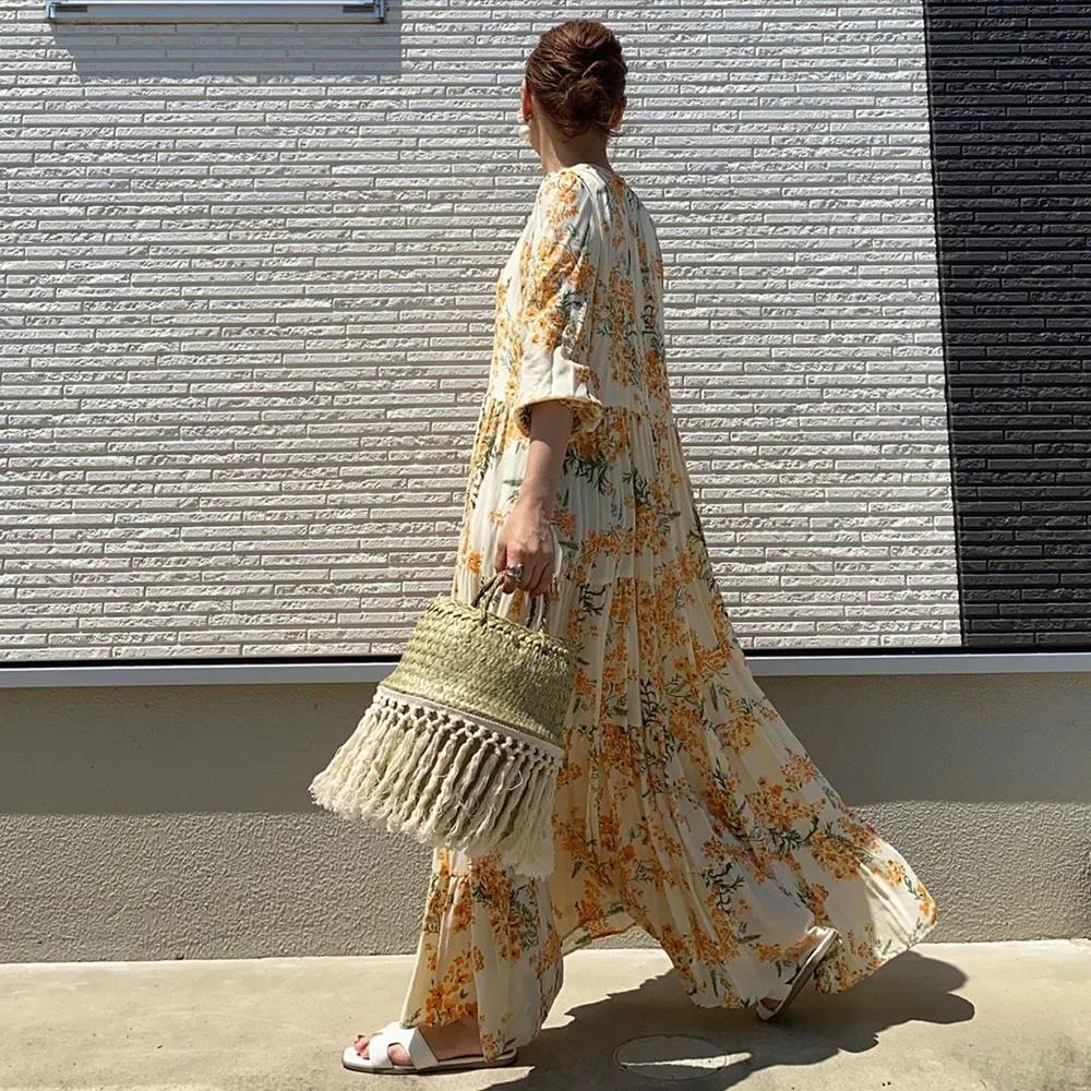 

Korea Japan Sweet Yellow Dress Floral Print Long Office Ladies Casual Vestido One Piece Pleated A Line Fall Women Maxi Dresses