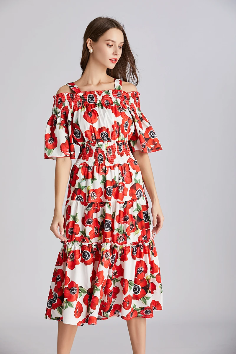 rose Модное летнее платье для подиума, женское платье для отдыха с красной розой, длинное платье с бантом на бретельках, синее белое фарфоровое платье с цветочным рисунком - Цвет: rose