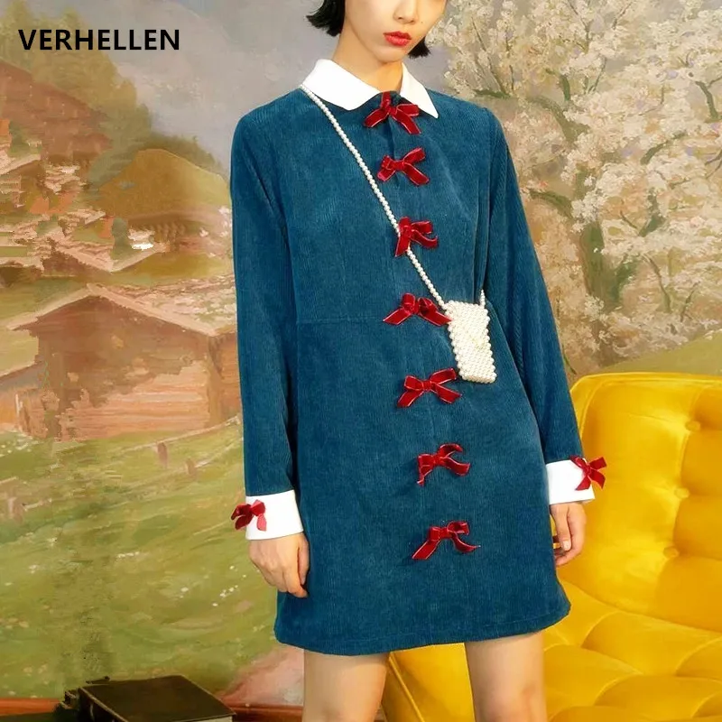 Платье женское вельветовое с воротником куклой на осень/зиму|Женские платья| |