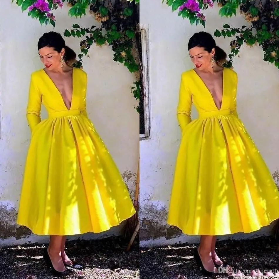 Generous Yellow Deep V-neck Short A-line Prom Dresses Long Sleeves Pleats Tea Length Formal Dress Evening Party Gowns فساتين الس images - 6