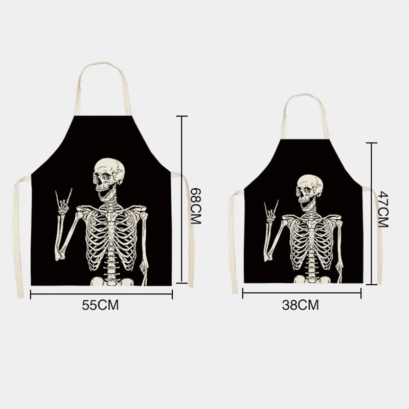 

Black Background And White Skull Print Pattern Apron Sci-Fi Style Sleeveless Apron Fashion Party Apron Halloween Dress Up Apron