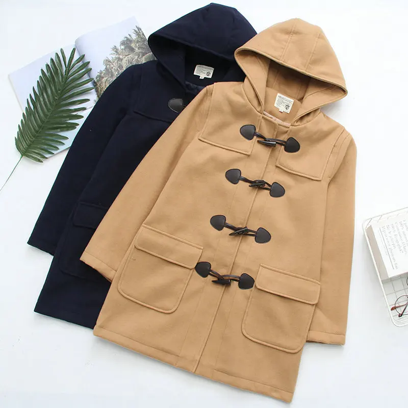 Women's Solid Outwear Preppy Style Horn Buckle Hooded Mid-Length Woolen Jacket Female Harajuku Coat Student 2042628