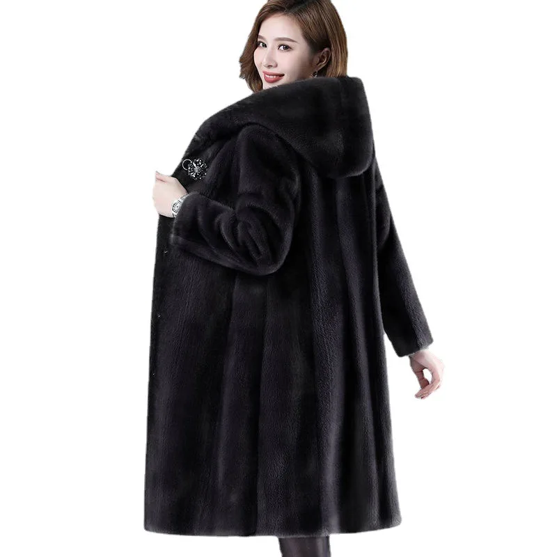 

Women Jacket Imitate Mink Fleece fur Winter New Middle-aged Coat Hooded Big Fur Collar Mid Long Thick Warm Jackets Female R1740[