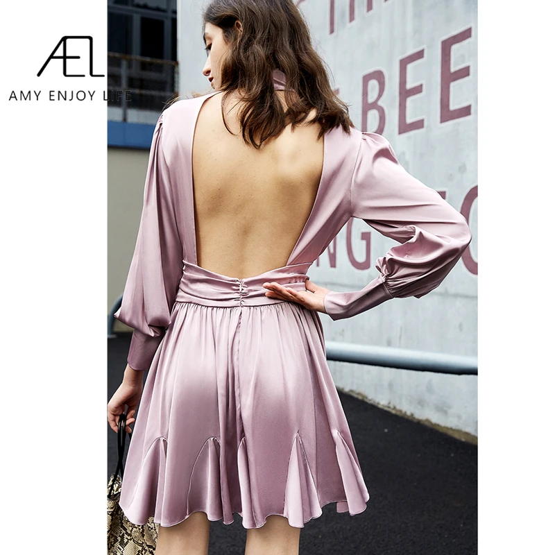 

AEL sexy Turtleneck Violet Dress Women Satin Vestidos 2020 fashion Puff Sleeve Backless Vintage style Party Club Dress