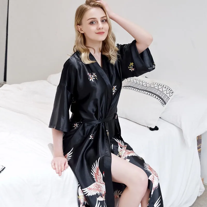 Японский Стиль Длинные свободные атласная Павлин Женская юката платье пижамы