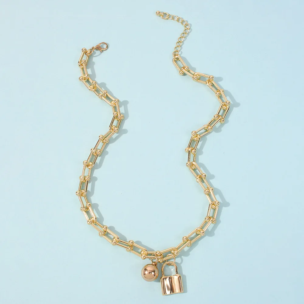 

Thick U Lock Chains Men Necklace Couple Lover Gold Padlock Ball Pedants Necklace for Women Goth Miami Choker Jewelry Collar