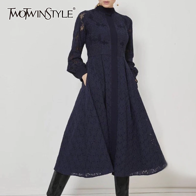 TWOTWINSTYLE, лоскутное кружевное платье для женщин, стоячий воротник, фонарь, длинный рукав, высокая талия, платья для женщин, осень, модная новинка