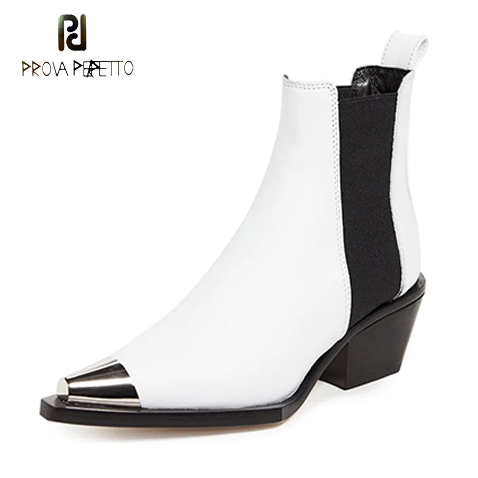 

Prova Perfetto Hot Sale Metal Pointed Toe Short Boot for Women 2018 New Genuine Leather Slip on Chunky Heel Knight Boots Females