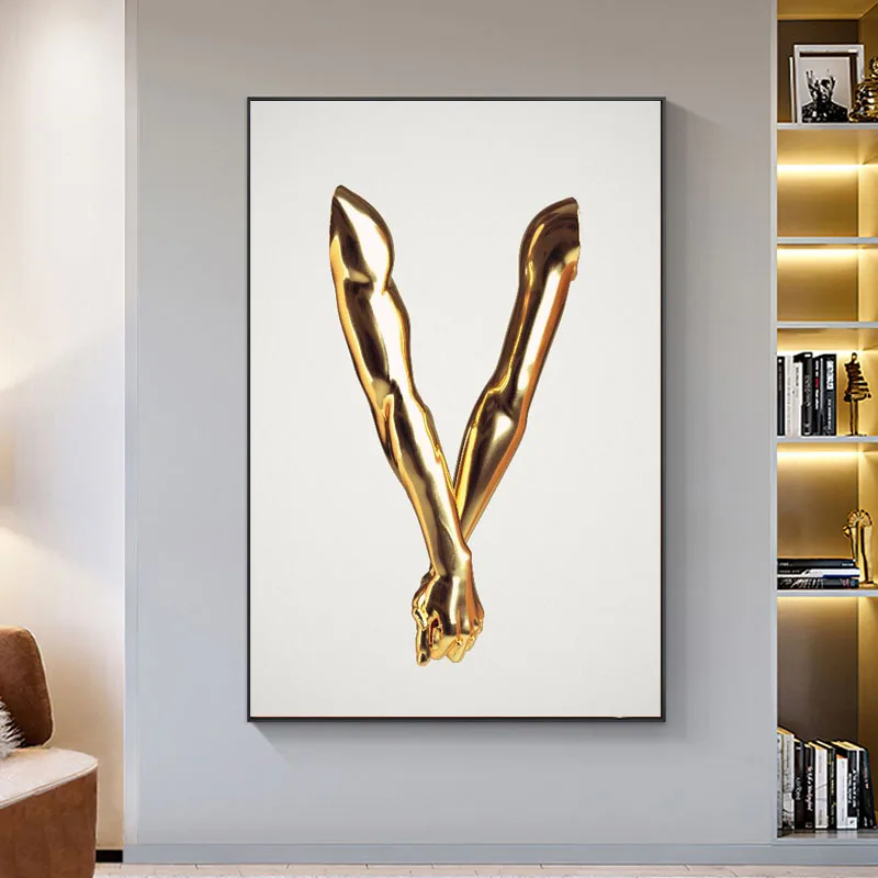 

Golden Metal Statue Wall Art Canvas Painting Abstract Arm Handshake Art Poster Print Wall Picture for Living Room Home Decor