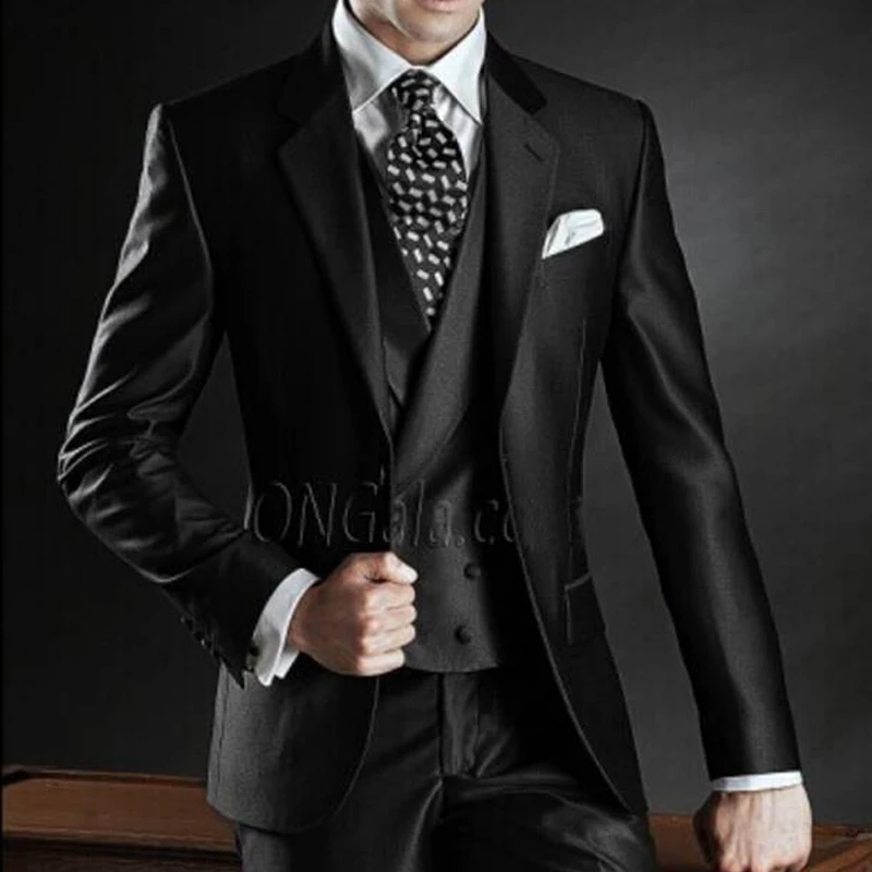 Черный смокинг для жениха на свадьбу с отложным воротником приталенные деловые