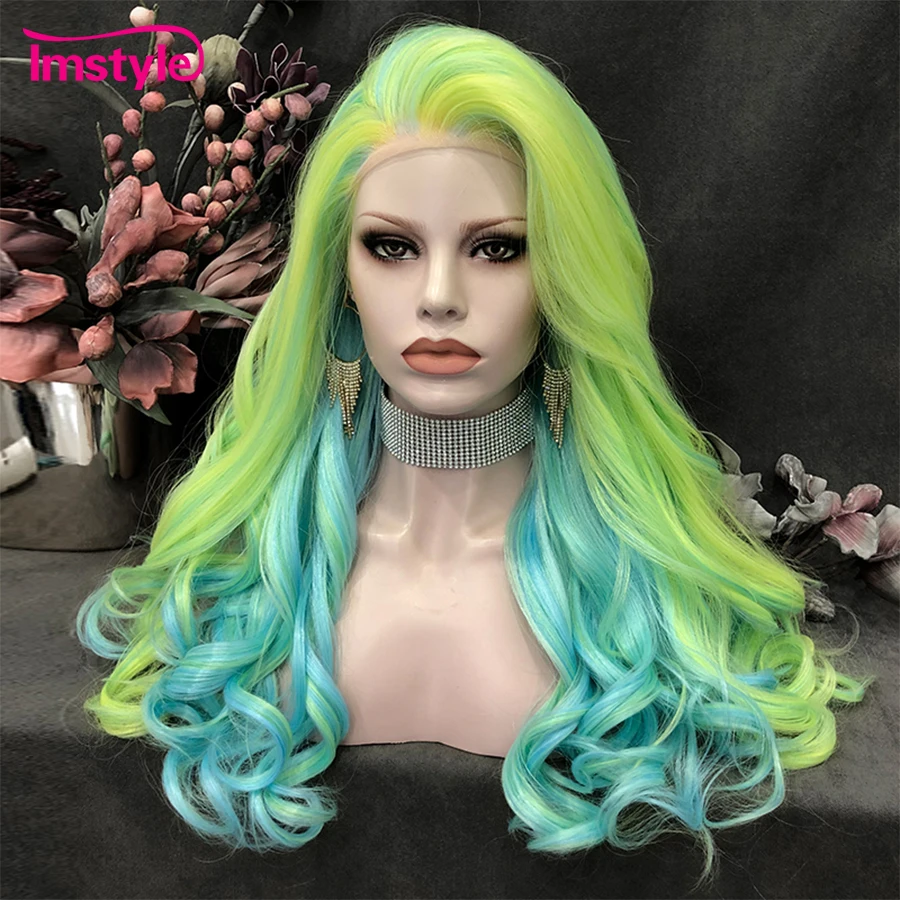 

Imstyle зелено-синий смешанный парик Волнистые Синтетические кружевные передние парики термостойкие волоконные двухцветные парики для коспл...