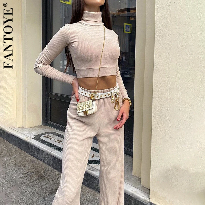 

Fantoye Casual Ribbed 2 Piece Set Women Matching Sets Turtleneck Long Sleeve Crop Top Wide Leg Pant Outfits Solid Fitness Suit