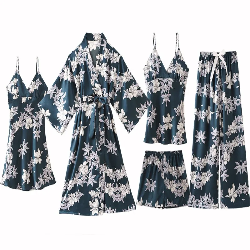 Silky Satin Pajamas Sleep Suit Lady Sexy Strap Top&pants Nightwear Casual Print Sleepwear Spring New Home PJS Pyjamas Sets