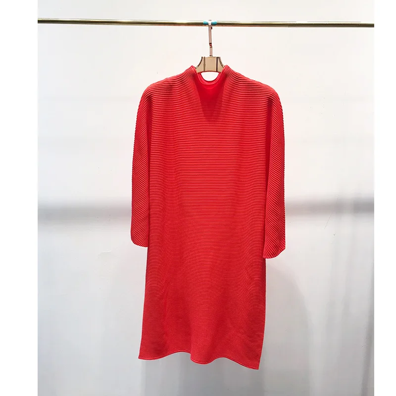 

TVVOVVIN Pleated Dress Women's Turtleneck Long Sleeve Loose Large Size Spring New Casual Straight Mini Dress 4VE3
