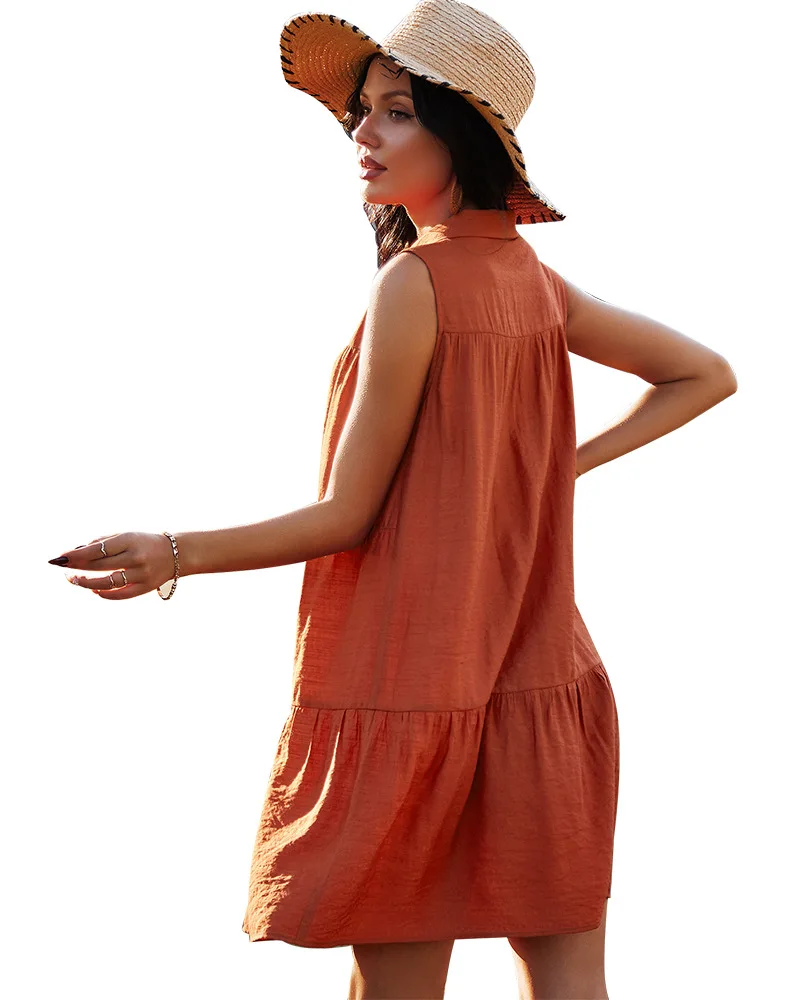 

Dresses women Summer New Sleeveless Dress Shirt Collar Solid Color Dress