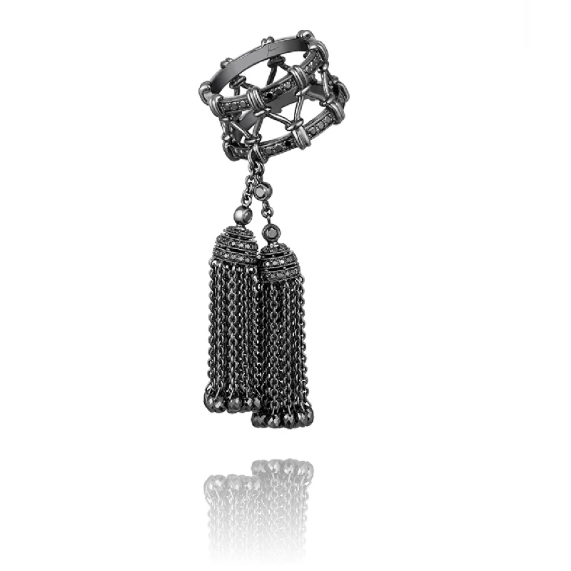 black Кольца из настоящего серебра 925 пробы для Для женщин кольцо с двойными кисточками люксовые украшении с кристаллами капли белый и черный Цвет Роскошные ювелирные изделия кольцо кисти Tassel в стиле Яны - Цвет основного камня: black