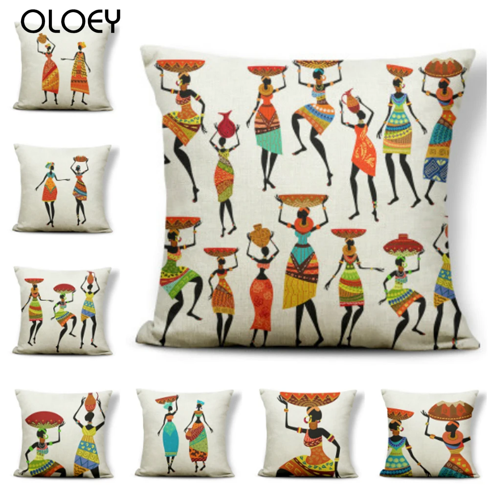 

Cotton Linen Pillow Cover African Indigenous Women's National Style Cushion Cover Portrait Pillowcase Home Sofa Decor 45*45cm