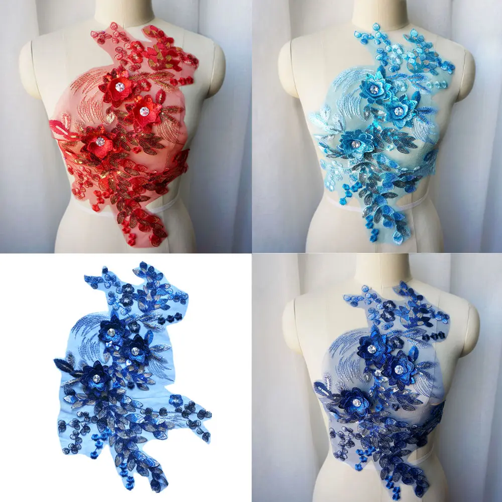 Синее 3D цветочное кружевное платье с серебристыми пайетками вышитое аппликацией