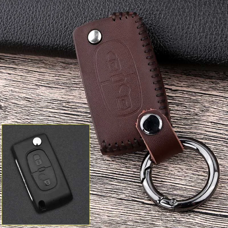2 Button Brown Кожаный Автомобильный Брелок дистанционного управления с ключом чехол Чехол для Citroen C2 C3 C4 C5 C6 C8 для peugeot 207 301 307 308 407 607 807 2008 3008 4008 - Название цвета: 2 Button Brown