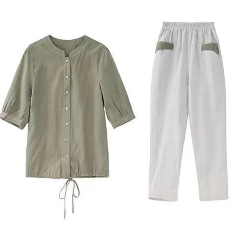 One-Piece/Suit Cotton Linen Women 2022 New Women's Short-Sleeved Shirt Nine-Point Pants Two-Piece Female Top Set  L658