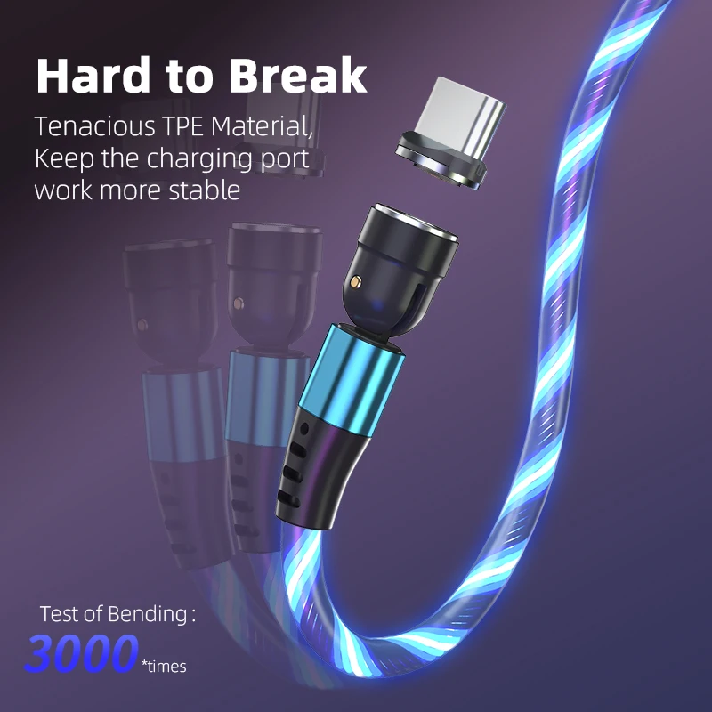 540° Rotation Glowing Magnetic Cable 3A Fast Charging Usb c Cable Phone Charging Cord Magnetic Charger For iPhone Samsung Huawei