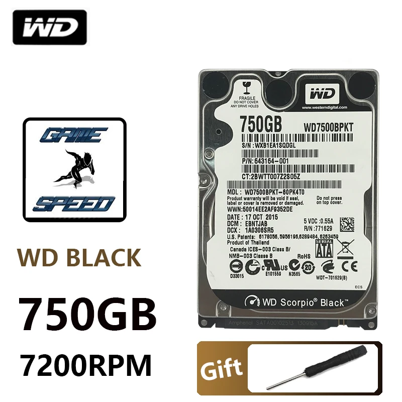 WD черный 750Gb 2 5 &quotSATA II внутренний жесткий диск 750G HDD HD 3 ГБ/сек. 16 м 9 мм 7200 об/мин для