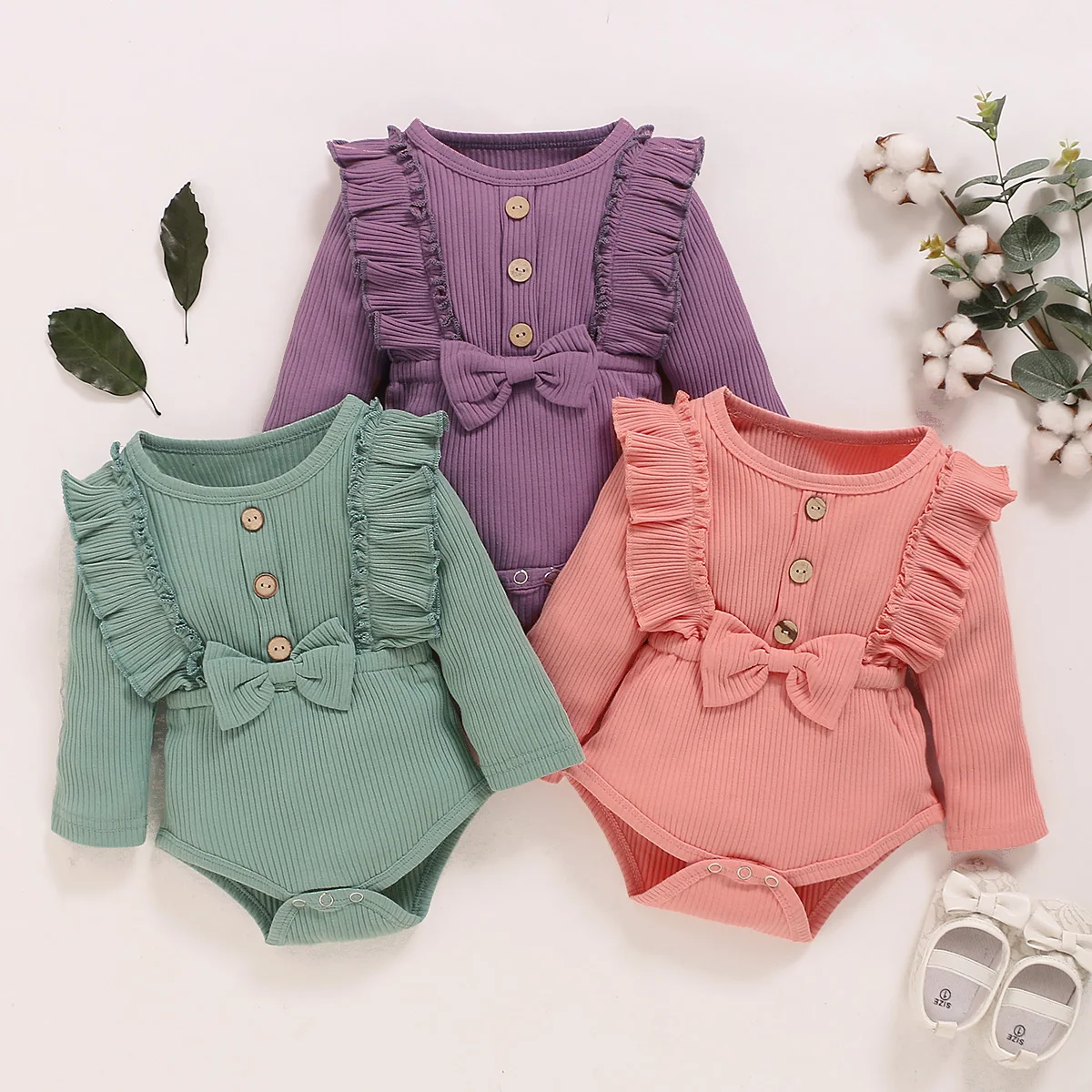 

Toddler\u2019s Spring Autumn Clothes Solid Color Ruffle Long Sleeves Ribbed Rompers with Bowknot for Baby Girl 0-18 Months