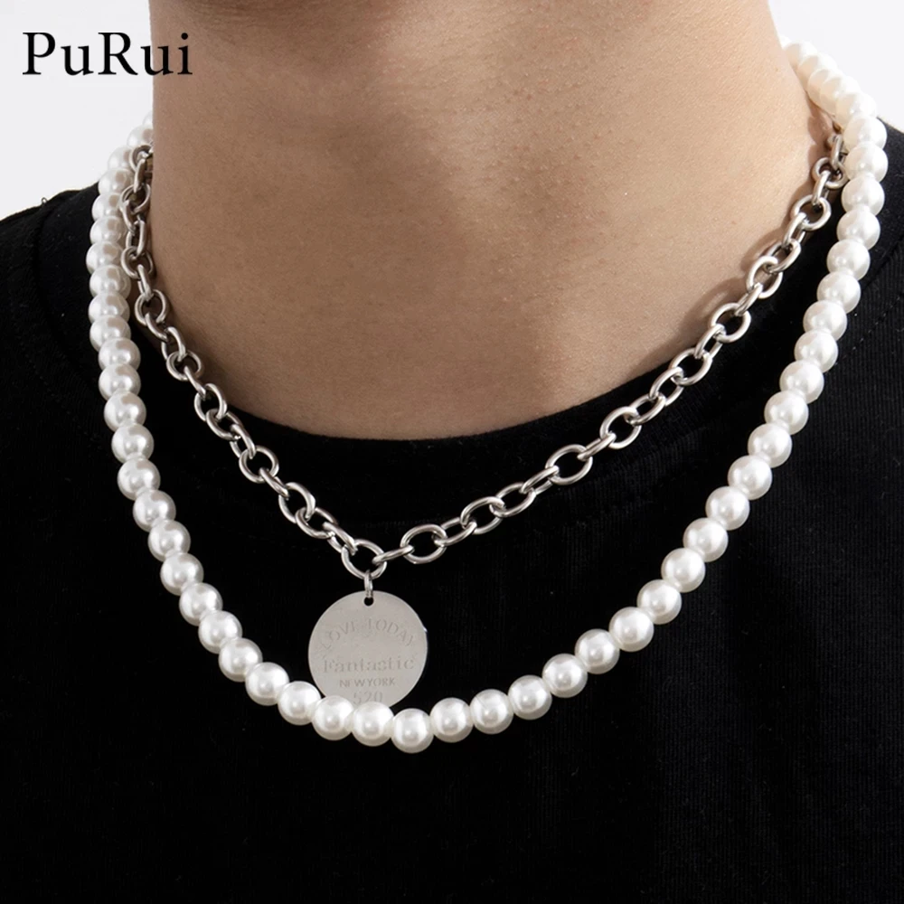 

2021 INS Punk Hiphop Cuban Thick Chain Choker Necklace Set for Men Vintage Pearl Necklaces Carved Love Coin Pendant Jewelry Neck