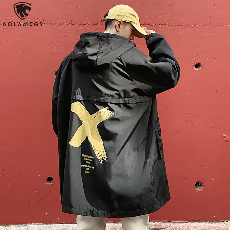Aolamegs Мужская ветровка крутой X принт мужской Тренч кардиган, большие размеры, модная уличная Осенняя уличная одежда высокого уличного стиля