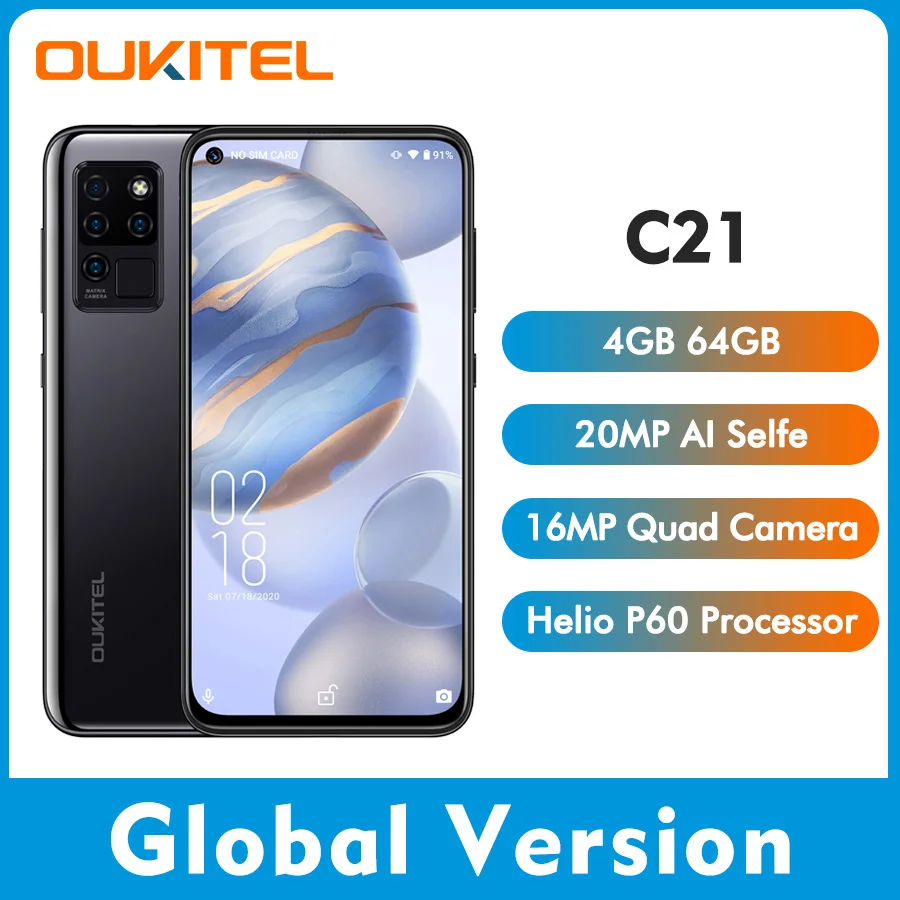 

OUKITEL C21 6.4" FHD+ 4GB 64GB Android 10.0 Helio P60 Octa Core Smartphone 1080*2310 4000mAh 16MP Quad Camera 4G Mobile Phone