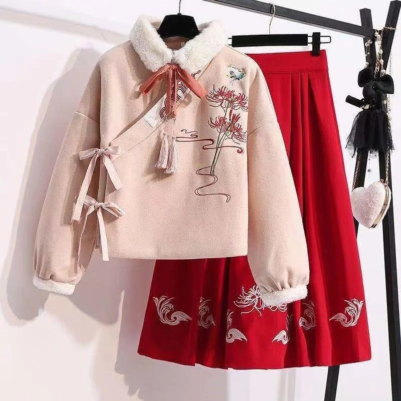 

Plus Size Women's Winter Suit Female New Chinese Style Han Elements Improved Embroidered Long Sleeve Coat Skirt Two-piece Set