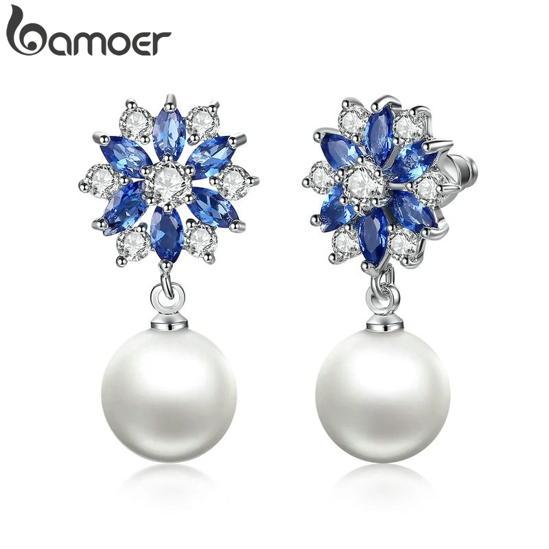 BAMOER серебряный цвет синие кристаллы Серьги-капли с искусственным жемчугом Висячие серьги для женщин серьги Помолвочные ювелирные изделия JIE069