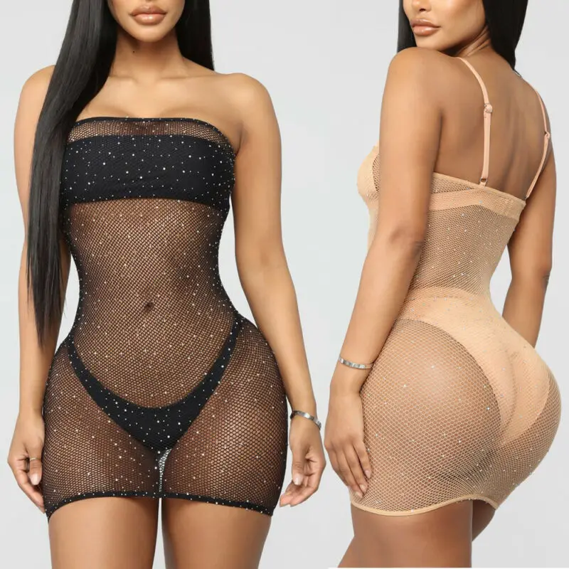 Sexy Women Lace Fishnet Glitter Sequins Shiny Mesh Sheer See-through Hollow Out Dress Bikini Cover Up Beach Mini Beachwear | Женская