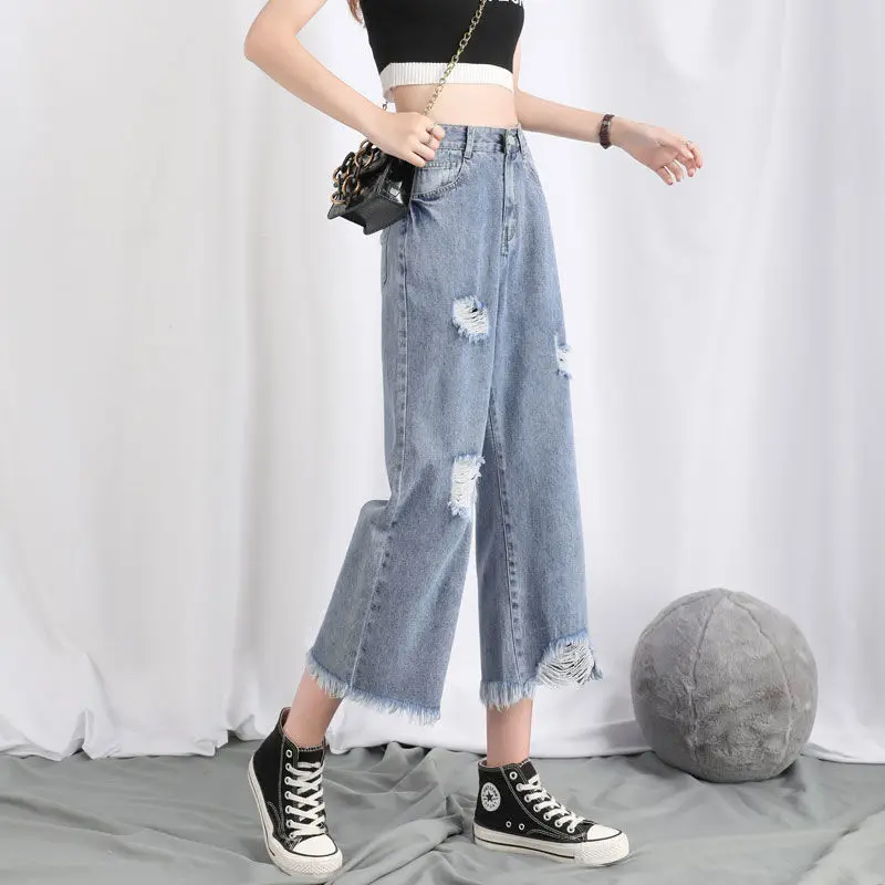 

Wide leg jeans women's thin summer new style hole high waist loose show thin straight tube eight point small drop feeling