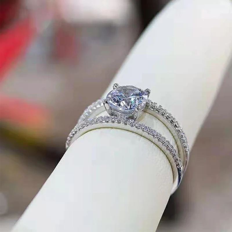 

Fashion S925 Silver New White Gold High-End Diamond Ring H-Shaped Round Zircon Couple Ring Jewelry Female Romantic Gift