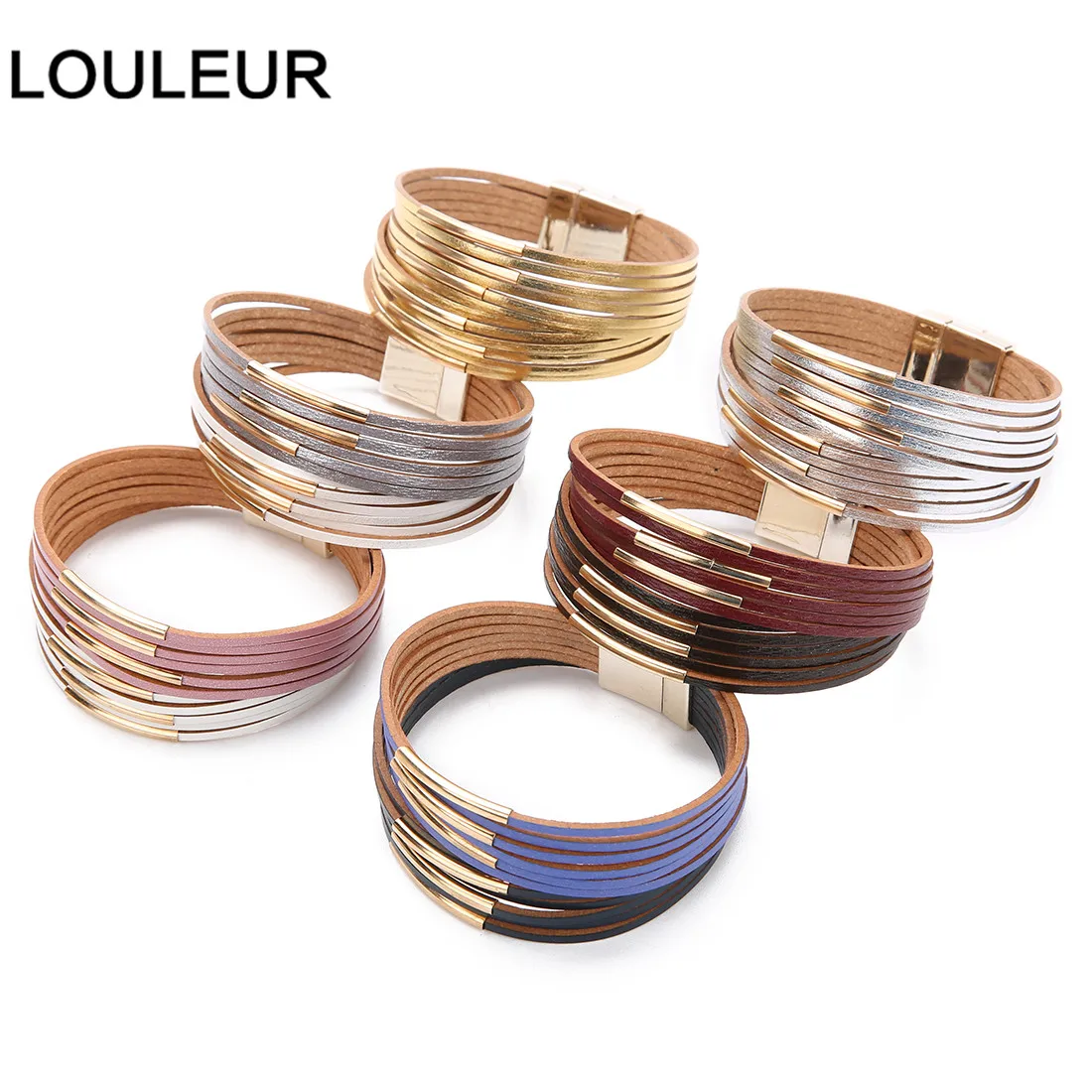 Женские кожаные браслеты LOULEUR многослойные на магните золотистого цвета