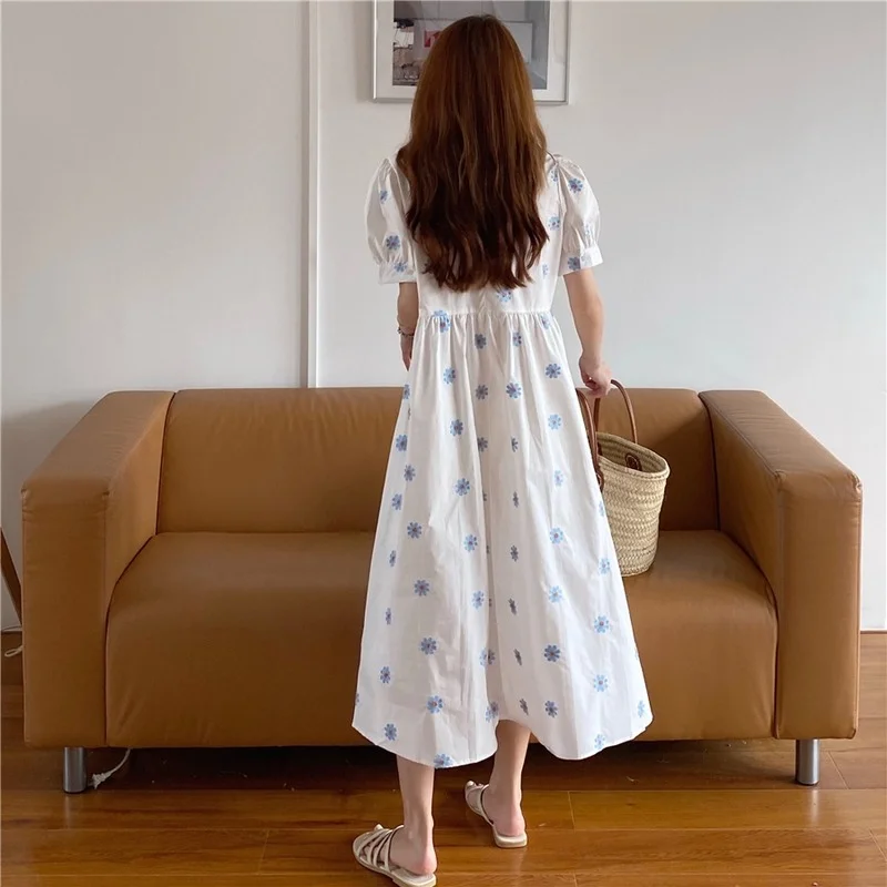 

Oversized Cottagecore Korean Fashion Flower Embroidery Vintage Y2k Elegant Long Dresses for Women Temperament Puff Sleeve Dress