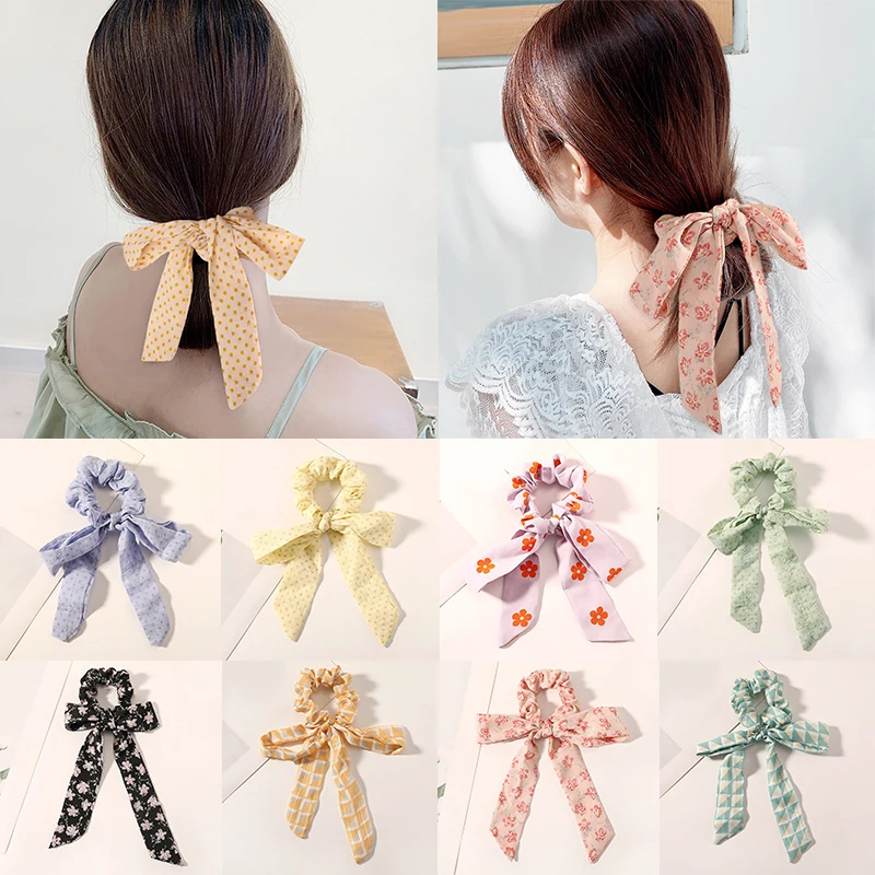 

Floral Print Hair Scrunchies Bows Rubber Bands Long Ribbon Ponytail Scarf Ties Elastic Hair Bands Fashion Women Hair Accessories