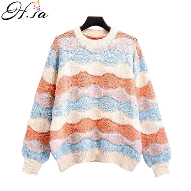 

H.SA Fall Fashion Women Rainbow Sweater and Pullovers Long Sleeve Colorful Striped Loose Sweaters Fashion Outwear Tops Fall