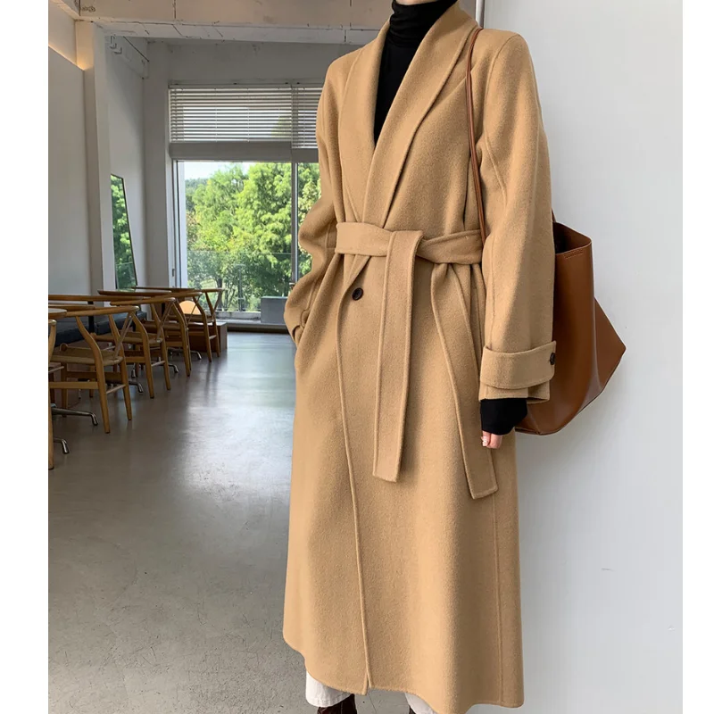 

Women's Woolen Jacket Autumn Winter Temperament With Belt Solid Fashion Casual Turn Down Collar Female Loose Mid-length Coat