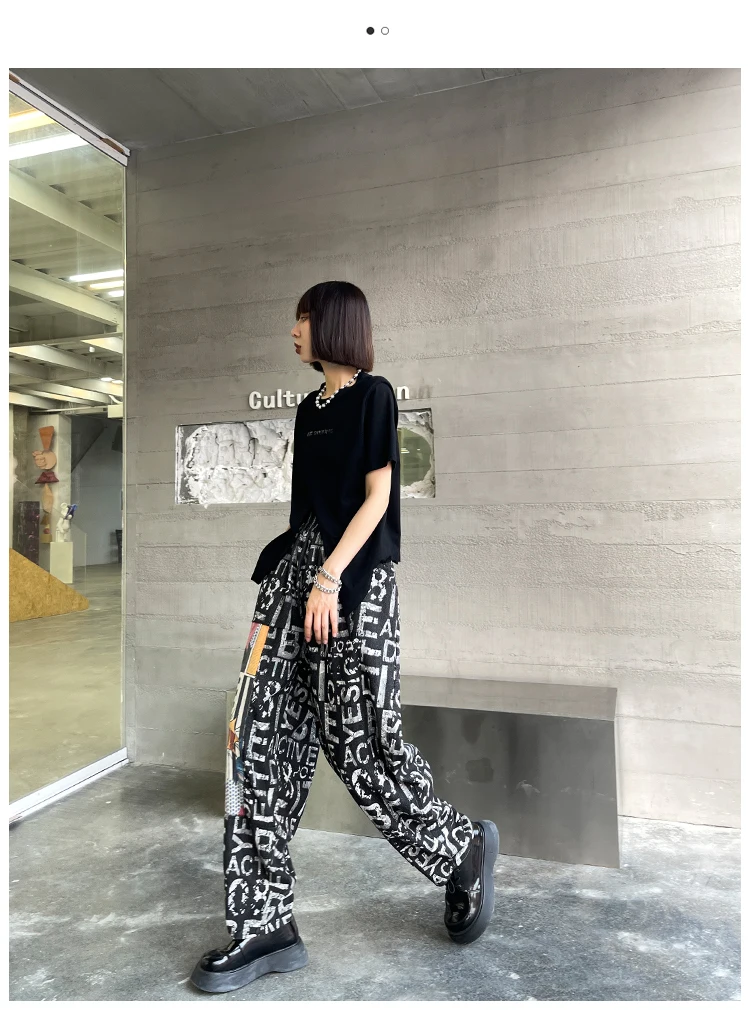 

Vefadisa Black Summer Letter Print Pants Women 2021 Patchwork Denim Pants Elastic Waist Casual Denim Wide Leg Pants QYF5427