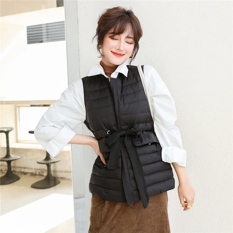 Womens Autumn Winter Jacket New Light Down Vest Coat Korean Style Sweet Lace-Up Slim Warm Casual Simple All-Match Inner Soft Top