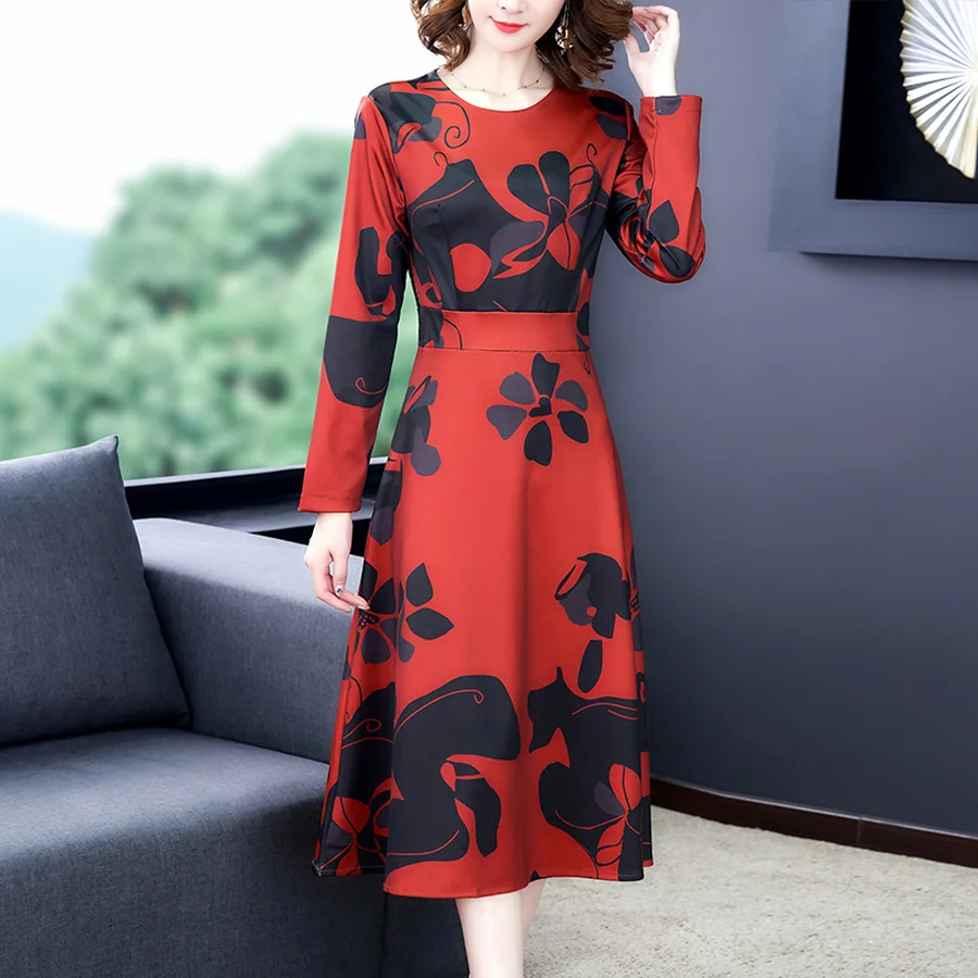 Женские винтажные красные платья миди с принтом на осень и зиму 4XL размера плюс
