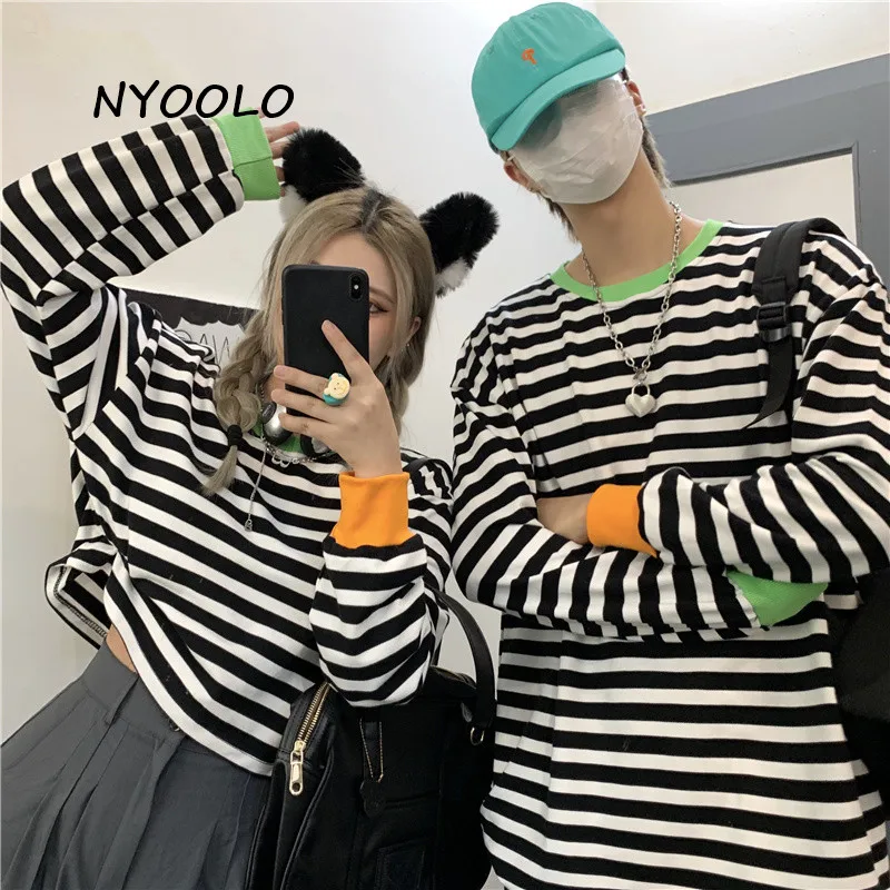 

NYOOLO Vintage Streetwear Classic Striped Patchwork Long Sleeve O-Neck Pullovers Sweatshirt Women Men Clothes Autumn Hip Hop Top