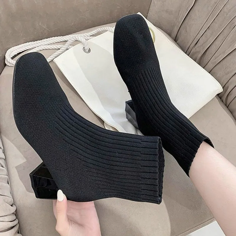 Женские осенние ботильоны без шнуровки Дамская эластичная вязаная обувь женская